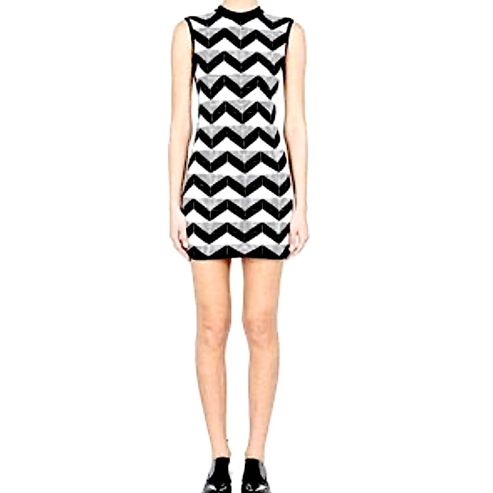 Paco Rabanne Zig Zag Mini Dress Womens XS Black White Good Bodycon Whimsigoth